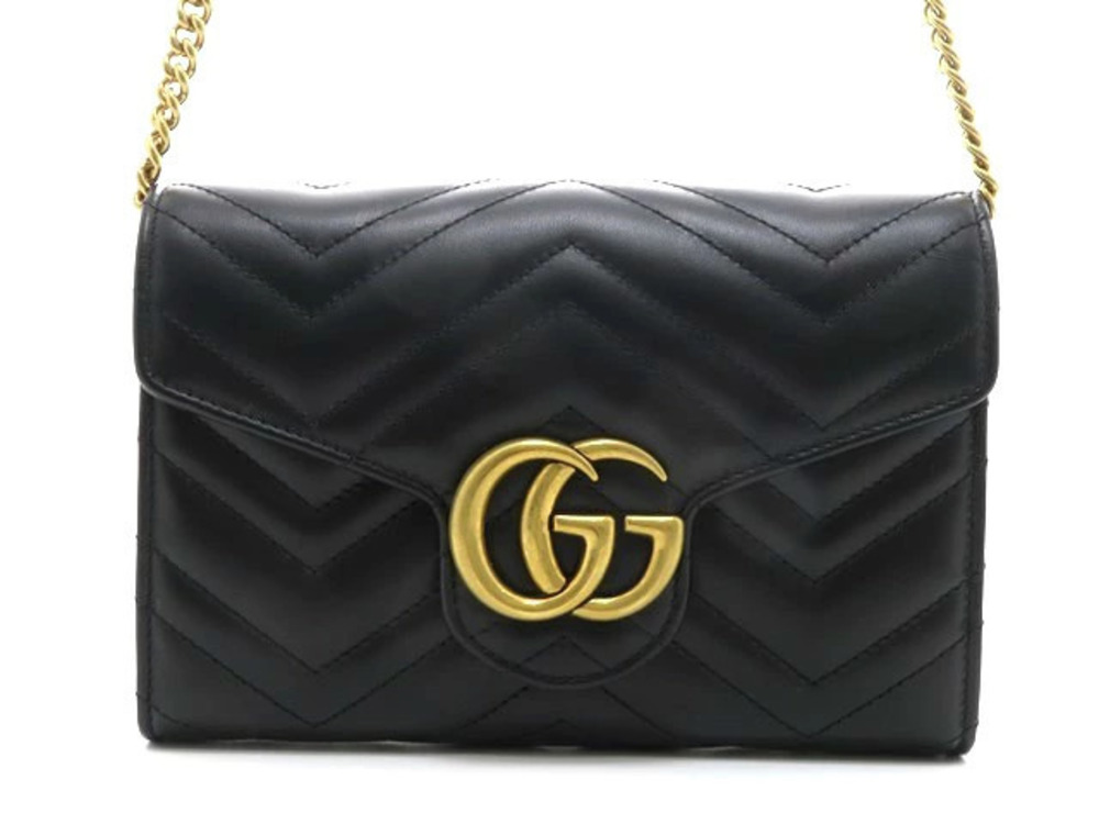Gucci Chain Shoulder Bag GG Marmont Quilted Black Leather